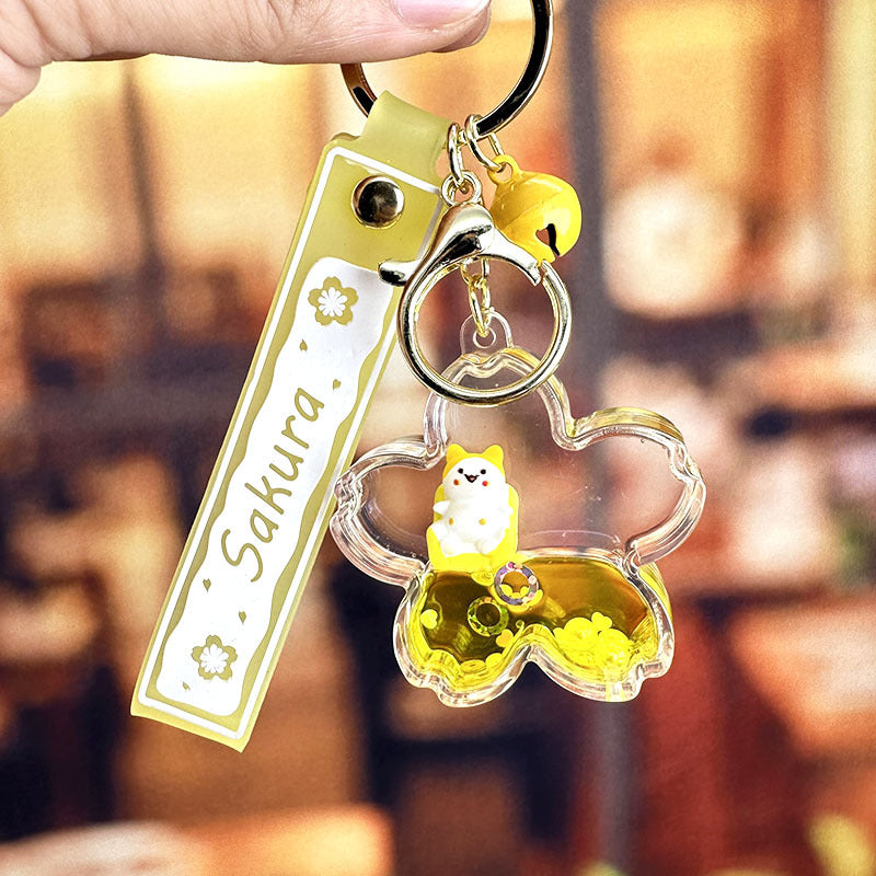 Wholesale Acrylic Oil In Cherry Blossom Cat Floating Bottle Keychain